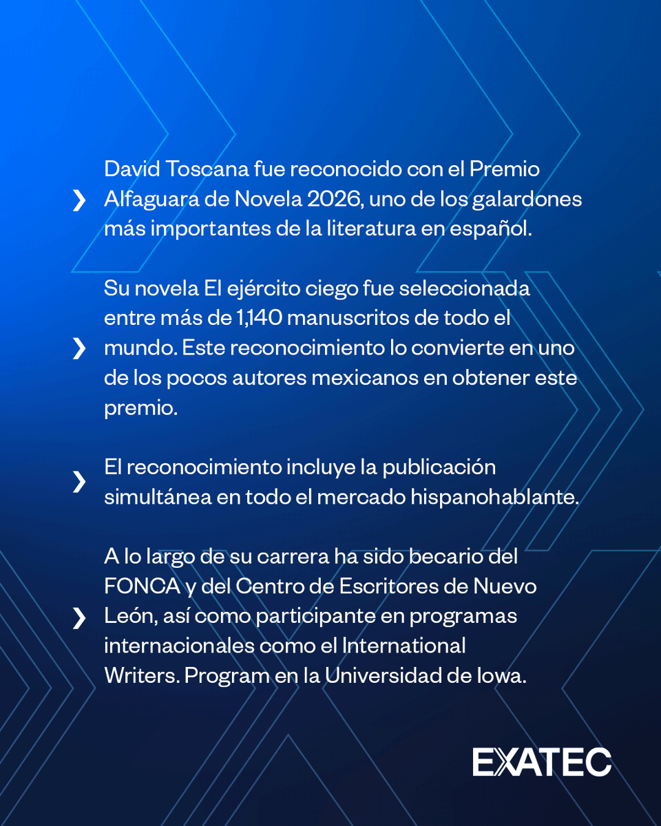 EXATEC's tweet photo. Uno de los reconocimientos literarios más importantes en lengua española fue otorgado al escritor mexicano EXATEC, David Toscana, PrepaTec'78 y IIS’82, por El ejército ciego, una novela que aborda la guerra y la resistencia desde una mirada humana.
#OrgulloEXATEC. https://t.co/g2Wh4D3g9O