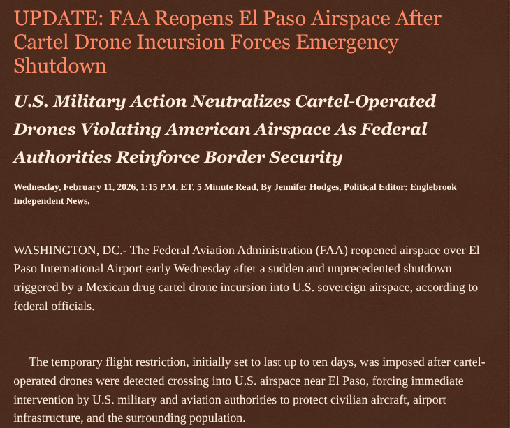 ArtFletcher9's tweet photo. #UPDATE: FAA Reopens El Paso Airspace After Cartel Drone Incursion Forces Emergency Shutdown https://t.co/lSCCda91o3 via @Englebrooknews #WashingtonDC #Texas #ElPasoAirport #ElPasoAirport #ElPasoShutdown #reopens #FAA #Mexico #Drones #FortBliss @wireless_step @HRG_Media @LodiNJNews @Fordmb1953 @SarahGeving1 @Shannon96574094 @Daytobehappy @janninereid1 @gator4kb18 @MichelleF_35 @TrumpWasRite2 @KathyKbrose @RobGerundo @JimBobW49