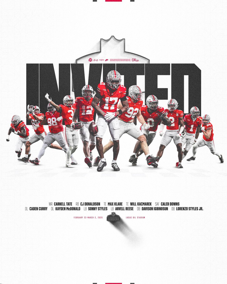 OhioStateFB's tweet image. 1️⃣1️⃣ Buckeyes are heading to the 2026 NFL Scouting Combine 🌰