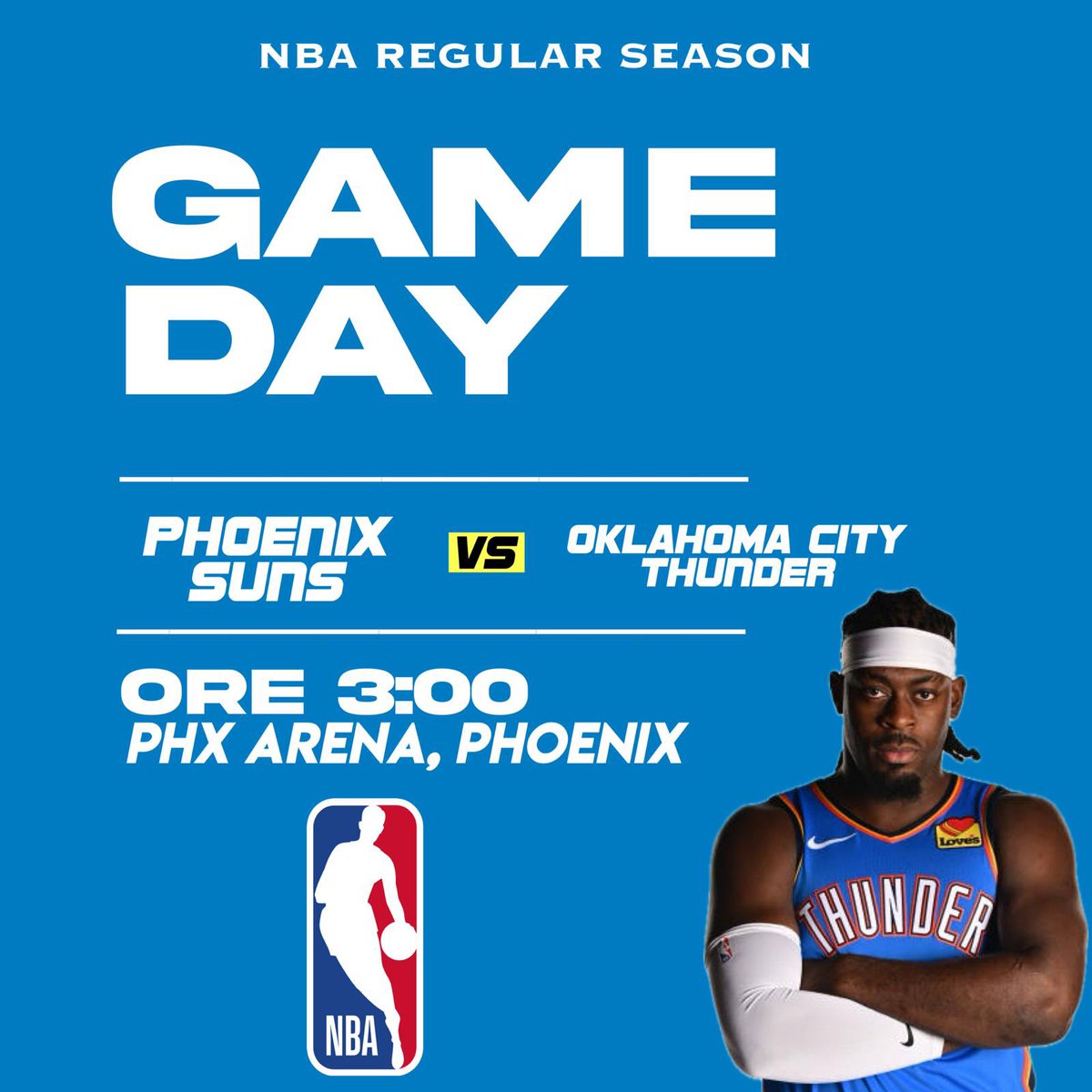 IT’S GAME DAY!⚡️

Dopo la vittoria di Los Angeles contro i Lakers si va a giocare in casa dei Suns nella prima partita di un back-to-back che porterà alla pausa per l’All Star Game

🆚 Phoenix Suns
🏟️ PHX Arena 
📍Phoenix (Arizona)
🕒 3.00 (orario 🇮🇹)

#ThunderUp