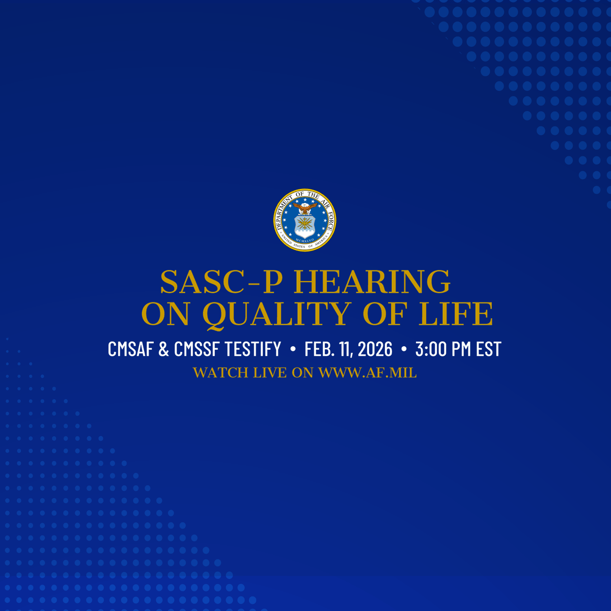 🗓️ LIVE 3P ET: Chief Master Sergeant of the Space Force John Bentivegna testifies before the Senate Armed Services Subcommittee on Personnel regarding service member and family quality of life.

📺 Watch at dvidshub.net/r/ggnxaq
