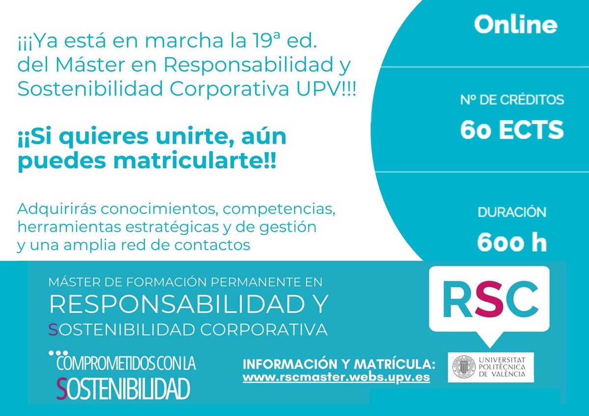 ❗❗Ya en marcha la 19ª edición del Máster RSC UPV ❗ Si quieres adquirir conocimientos, competencias, herramientas estratégicas y de gestión y una amplia red de contactos❗ aún estás a tiempo de matricularte❗
Info❌rscmaster.webs.upv.es/master-rsc-upv/
**Contacto Máster: rsc@upvnet.upv.es **