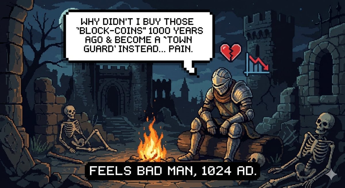 LyreNoirX's tweet photo. Current state of everyone in crypto twitter right now. Regretting not buying "block-coins" 1000 years ago just to enjoy life as a simple town guard today. 🛡️📉 #pixelart #criptoart #BTC https://t.co/FYoMi4RGjH