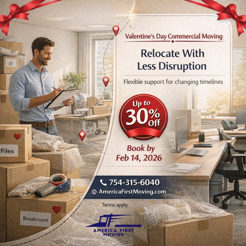 TheMovingServFL's tweet image. Tight timeline business move? 🏢⏱️
Commercial moving help to reduce downtime + keep things organized.
Up to 30% Off (Book by Feb 14, 2026)

📞 754-315-6040 | AmericaFirstMoving.com 

#AmericaFirstMoving #CommercialMoving #BusinessMove #ValentinesOffer