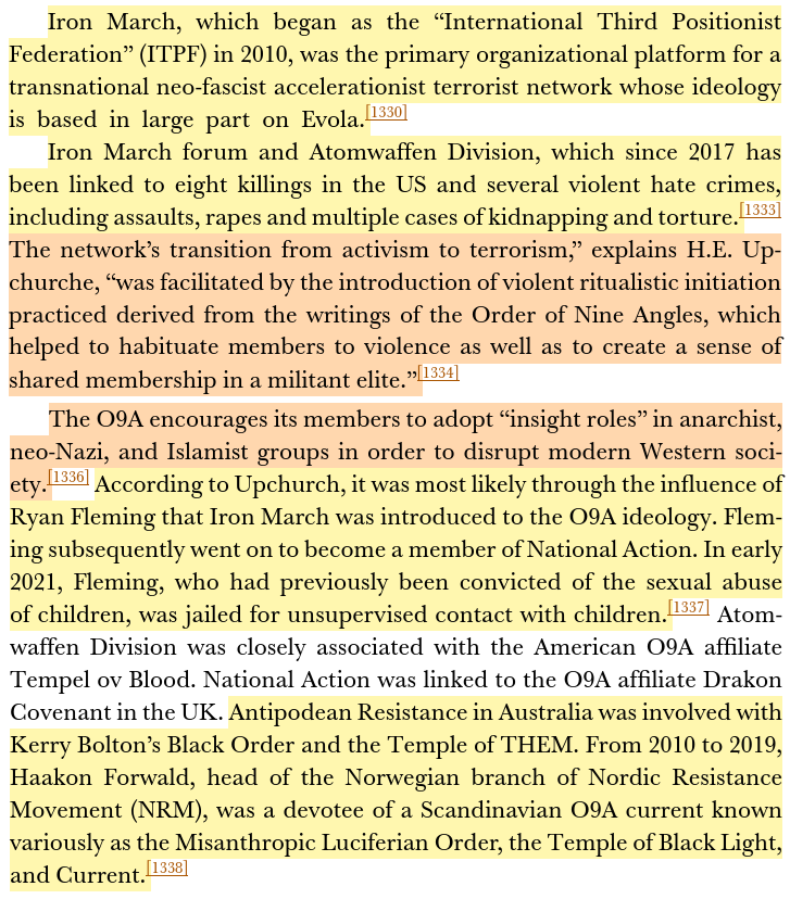 Peter Thiel has backed Nick Land's NRx, a doctrine pushing techno-capitalism to dismantle democracy, whose CCRU drew on occultism (Crowley, Blavatsky) &amp; aligned w/ neo-fascist accelerationism. His influence runs through Kerry Bolton, O9A's literature distributor &amp; Dugin associate
