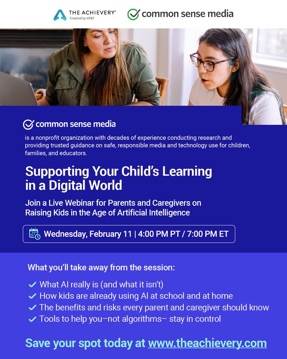 📢 Tonight, 7PM- <a href="/ATTimpact/">AT&T Impact</a> + Common Sense Media host online webinar -Real Parenting in the Age of Artificial Intelligence. Learn how AI works, how kids use it &amp; practical tips for parents. Register: TheAchievery.com