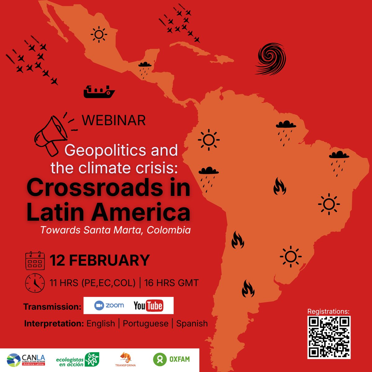 milo2015's tweet photo. 🚨🌎 WEBINAR | REGISTRATION OPEN   The climate crisis today intersects with geopolitics, military power, and fossil fuel hegemony. Latin America is at a historic crossroads: either we defend the sovereignty of our territories or deepen a model that puts life at risk.

📣 Geopolitics and Climate Crisis: A Crossroads in Latin America   An urgent dialogue to understand what is happening and how organizations and social movements can respond to global climate setbacks. 

🗓 Thursday, February 12, 2025 
🕚 11:00 hrs (Peru, Ecuador, Venezuela) | 16:00 GMT 🌐 Zoom and YouTube 
🗣 Interpretation: Spanish | English | Portuguese
👉 Register here https://t.co/w1g842CINF

Organizers: CANLA | Oxfam | Ecologistas en Acción | Transforma

 #COP30 #COP31 #ClimateChange #FossilFuels