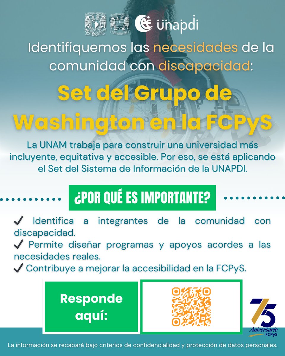 UNAM_FCPyS's tweet photo. ♿✨ Construyamos una Facultad más incluyente y accesible.
La FCPyS, en coordinación con la #UNAPDI, aplica el Set del Sistema de Información para identificar las necesidades de nuestra comunidad con discapacidad.
📲 Responde el formulario escaneando el código QR.
#Inclusión https://t.co/7RZ8NX8XQg