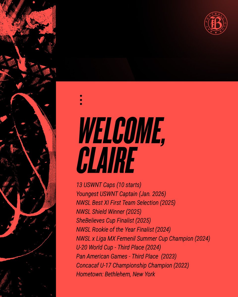 wearebayfc's tweet image. JUST ANNOUNCED 🚨 #BayFC has acquired 2025 Midfielder of the Year Nominee and @USWNT standout, Claire Hutton, from the Kansas City Current.

The 2025 @NWSL Best XI First Team selection will join the club in a historic transfer. 

Details: bit.ly/4qHjFnW