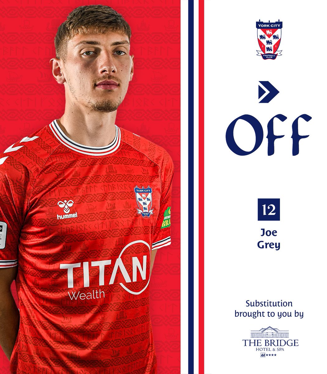 YorkCityFC's tweet photo. 68' | Substitution for City, brought to you by The Bridge Hotel &amp; Spa, Wetherby.

ON: Banks.
OFF: Grey.

1-1 | #YCFC 🔴🔵 https://t.co/smZEj1C6rP