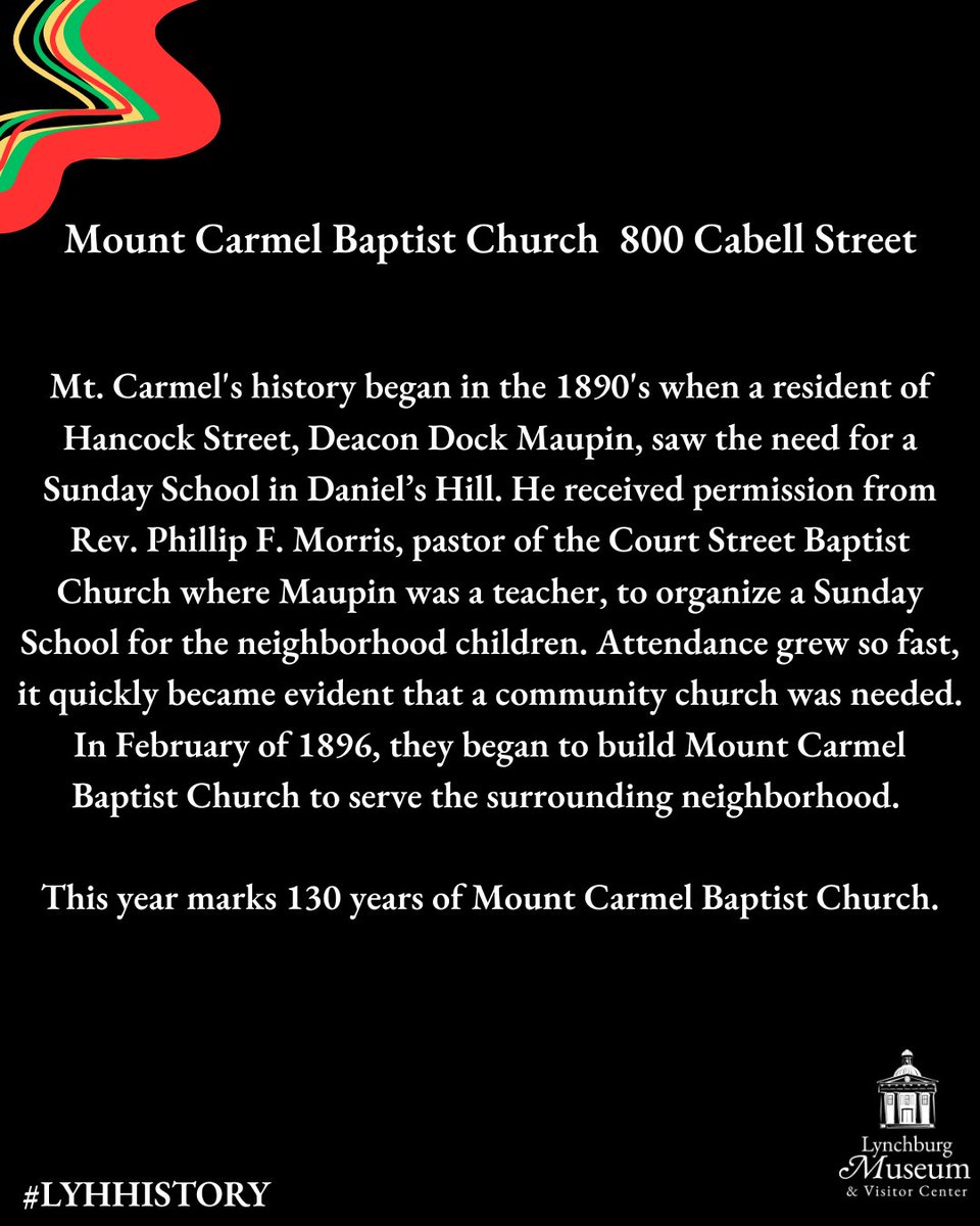 LburgMuse's tweet photo. Every Wednesday this month, we will be highlighting and celebrating local Black History throughout the years.

Today we are highlighting Mount Carmel Baptist Church, located at 800 Cabell Street, in the Daniel's Hill neighborhood. https://t.co/oyp9Lae1kr
