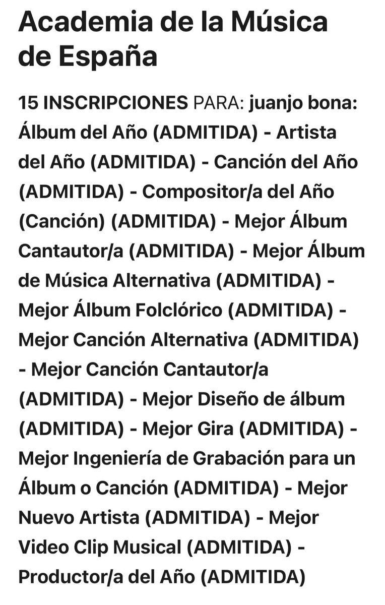 JuanjoBonaLatam's tweet image. 📢 | Juanjo Bona tiene 15 candidaturas admitidas a nominación en los premios de La Academia de la Música de España 2026 🙌🏻

🔗: inscripcion.academusica.es/premios/listad…