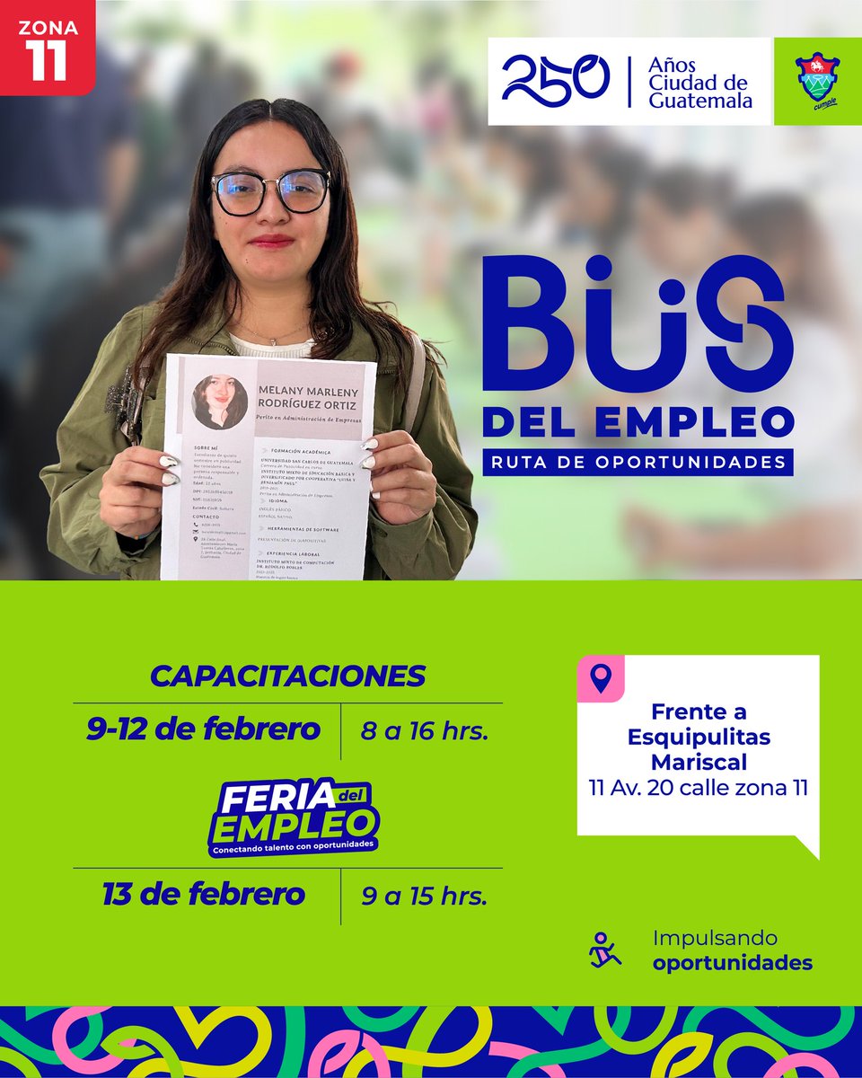 El #BusDelEmpleo llega a zona 11. 🚎

Impulsa tus oportunidades laborales con capacitaciones y asesorías del 9 al 12 de febrero y empresas en busca de talento como el tuyo, el viernes 13. Te esperamos de 9:00 a 15:00 horas en la Diagonal 17 frente a Parroquia Esquipulitas