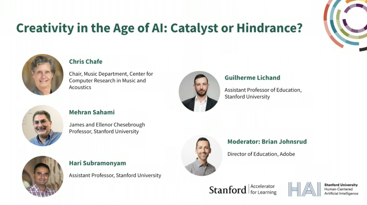 StanfordHAI's tweet photo. 🔴 Streaming live: @StanfordHAI Faculty Affiliates @mehran_sahami and @HariSubramonyam join a panel exploring where AI expands learners’ creative potential and where it risks narrowing curiosity, originality, and deeper thinking. Follow the conversation: https://t.co/HrZBgHrrjt https://t.co/xEkcvrNa5g