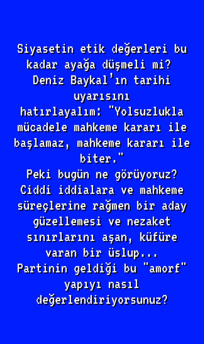Siyasetin etik değerleri bu kadar ayağa düşmeli mi? 
Deniz Baykal’ın tarihi uyarısını hatırlayalım: "Yolsuzlukla mücadele mahkeme kararı ile başlamaz, mahkeme kararı ile biter."
Peki bugün ne görüyoruz? 
<a href="/dbdevletbahceli/">Devlet Bahçeli</a>
<a href="/buyukataman/">İsmet Büyükataman</a> <a href="/UlviYonter/">Dr.İzzet Ulvi YÖNTER</a>
#Siyaset #Etik #CHP