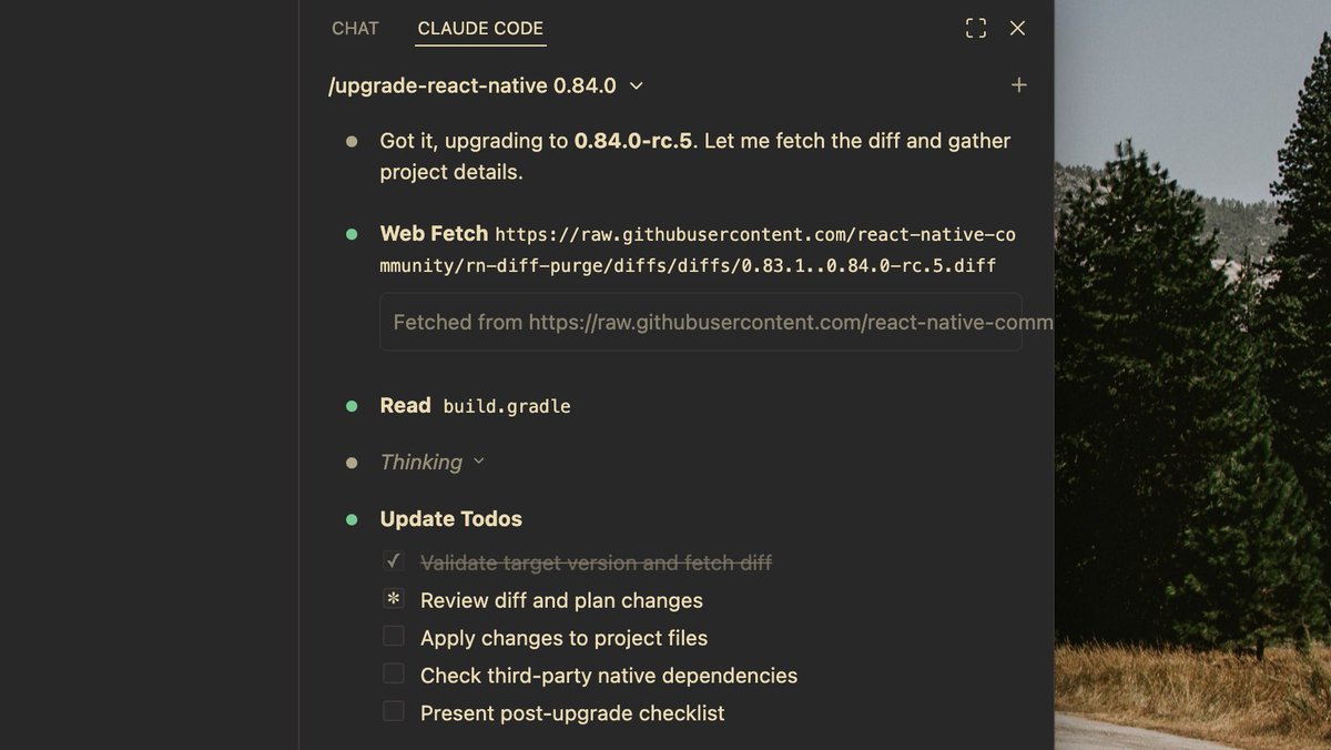 ⚛️ We've shipped a very-experimental /upgrade-react-native skill alongside React Native 0.84 today.

Fast-tracks the essentials of upgrading (contributions welcome!). Supports any previous version → any target version ⚡

Try it: npx skills add react-native-community/skills