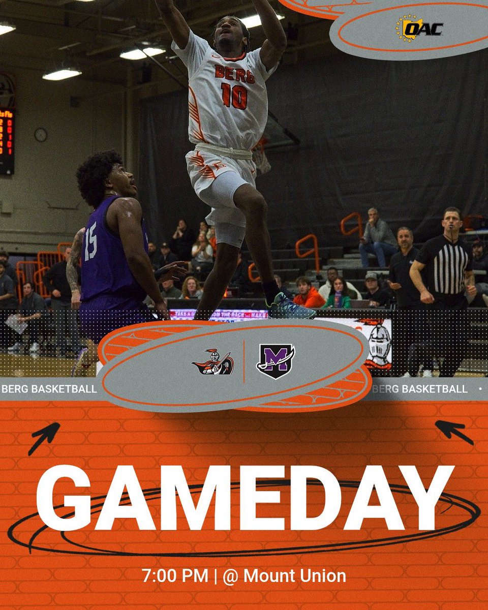 Berg Basketball hits the road tonight to take on #9 Mount Union at 7PM! Looking to pickup a big OAC win with only 4 games left of the regular season! #BergGang🏀⚔️