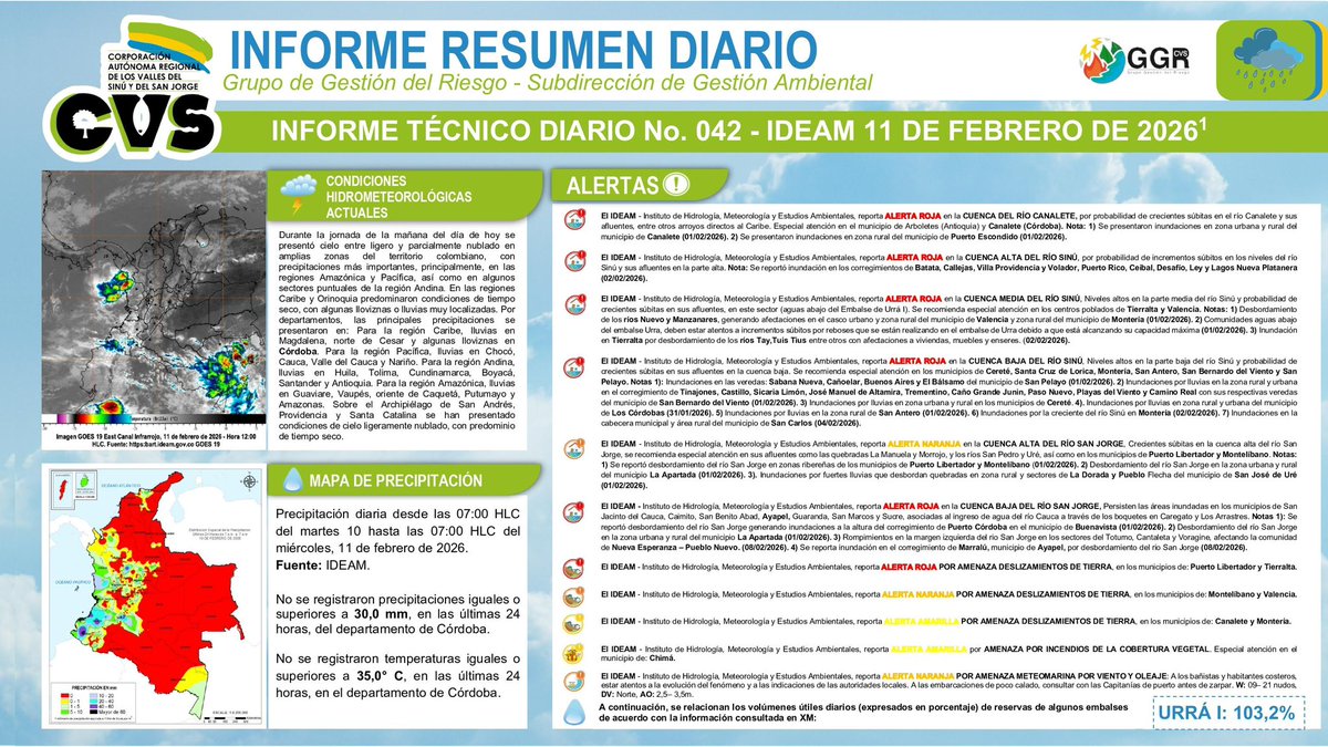 #CVSINFORMA Conoce las condiciones hidrometeorológicas, las precipitaciones у las alertas vigente para hoy 11 de febrero de 2026: