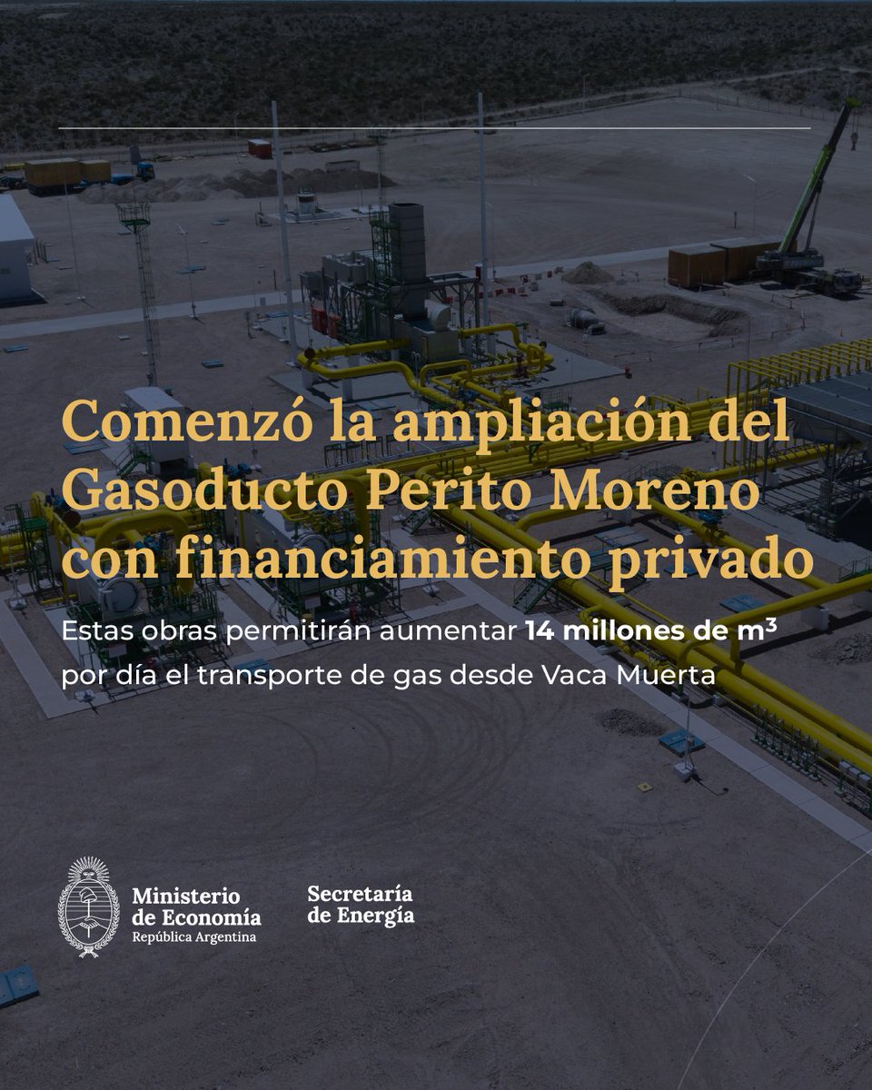 La empresa TGS comenzó las obras de ampliación del Gasoducto Perito Moreno, con una inversión privada de más de USD 700 millones.

Estas obras sumarán 14 millones de m³ por día al transporte de gas desde Vaca Muerta y permitirán reemplazar importaciones de GNL. 

La energía sigue
