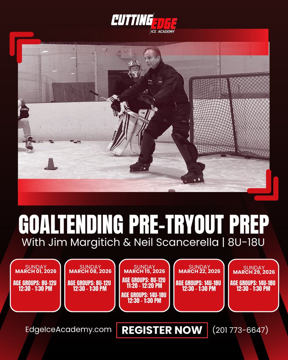 Goalies, lock in before tryouts. Goaltending Pre-Tryout Prep is back on the ice Sundays 12:30–1:30 PM, led by Jim Margitich &amp; Neil Scancerella for 8U-18U starting March 1, 2026. Spots go quick, register now at EdgeIceAcademy.com or call (201) 773-6647.
.
.
.
#goaltending