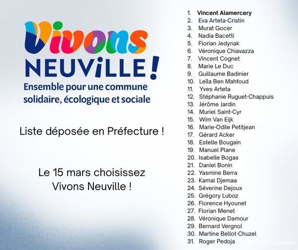 v_alamercery's tweet photo. 🥳Très heureux d'avoir aujourd'hui déposé la liste Vivons Neuville en préfecture. 

➡️31 femmes et hommes engagés pour leur ville, riches de leur diversité, rassemblés autour de valeurs de gauche de solidarité, d’écologie et de justice sociale.

🗳️Le 15 mars, Vivons Neuville ! https://t.co/TmqAOhqY3h