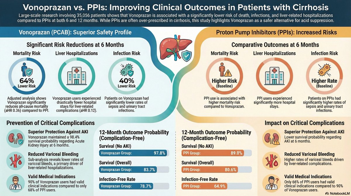 nilangpatel's tweet photo. #Vonoprazan showed better outcome in #AKI prevention in #cirrhosis compared to #PPIs.  Reduced acute kidney injury (#AKI) likely from reduced rate of infection, sepsis, variceal bleeding, and liver-related complications and hospitalization over both six- and twelve-month periods. @VCU @VCUHealth @RichmondVAMC 

https://t.co/qlmDP8HIM6