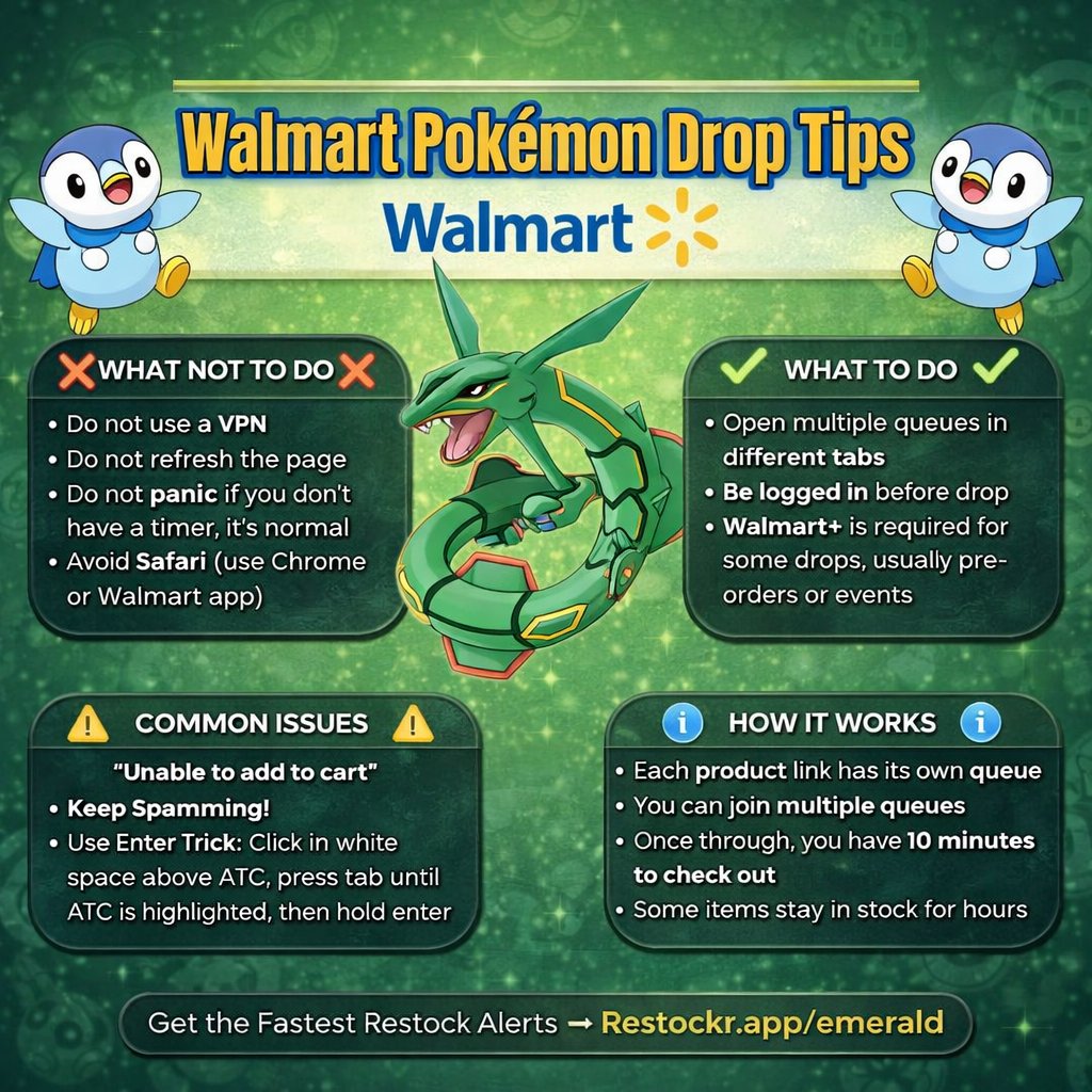 🚨 How to Actually Win Walmart Pokémon Drops (Most People Do This Wrong)

Walmart restocks Pokémon TCG products at MSRP almost every week — but most collectors still miss out.

If you don’t understand how Walmart drops work, you’ll either get stuck in queue or give up too early.