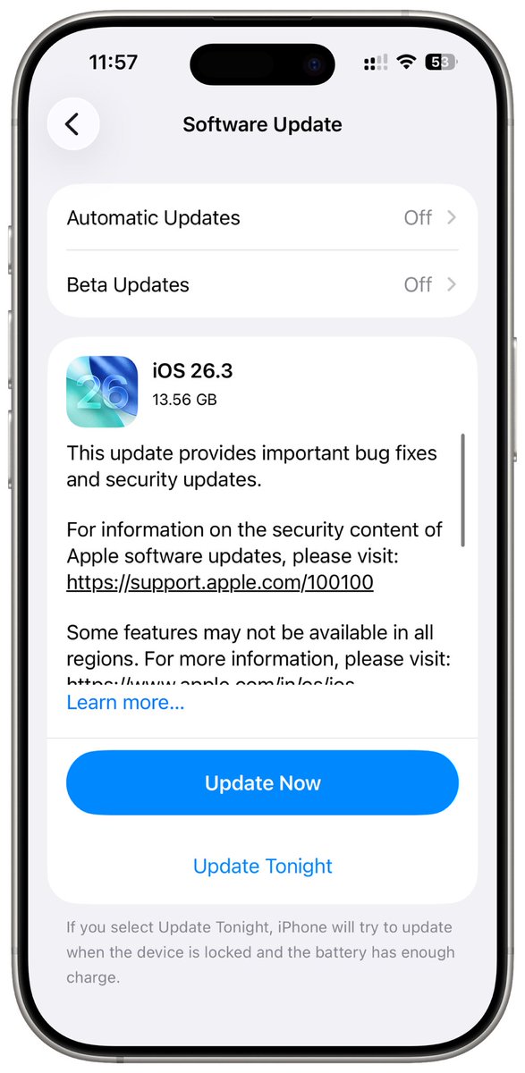 technicalgiki's tweet photo. Apple just dropped iOS 26.3 update. It’s approximately 14 GB. 😱 https://t.co/b2difKmUzJ