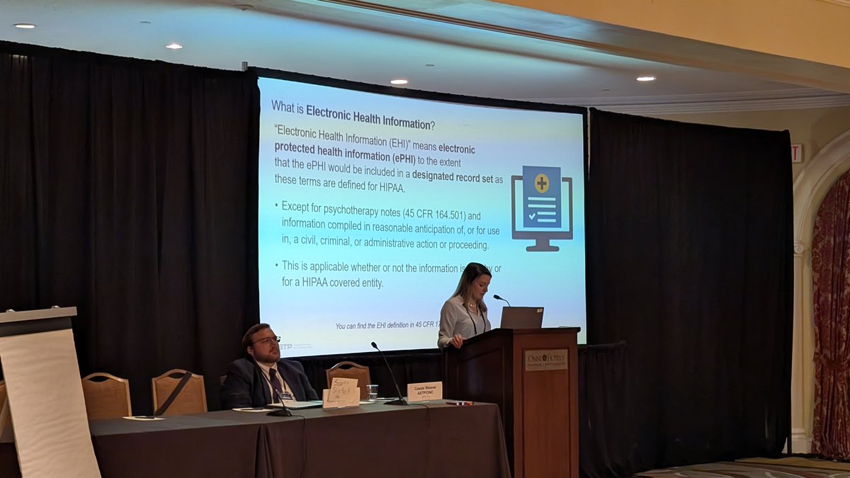 ONC_HealthIT's tweet photo. ASTP’s Cassie Weaver states during #ASTP2026 Information Blocking Bootcamp: IB 101 - “Two different knowledge standards have to be met to constitute information blocking - and those knowledge standards differ by your role, e.g. if you're a provider, payer, etc" #infoblocking https://t.co/eFtmaDfi3a
