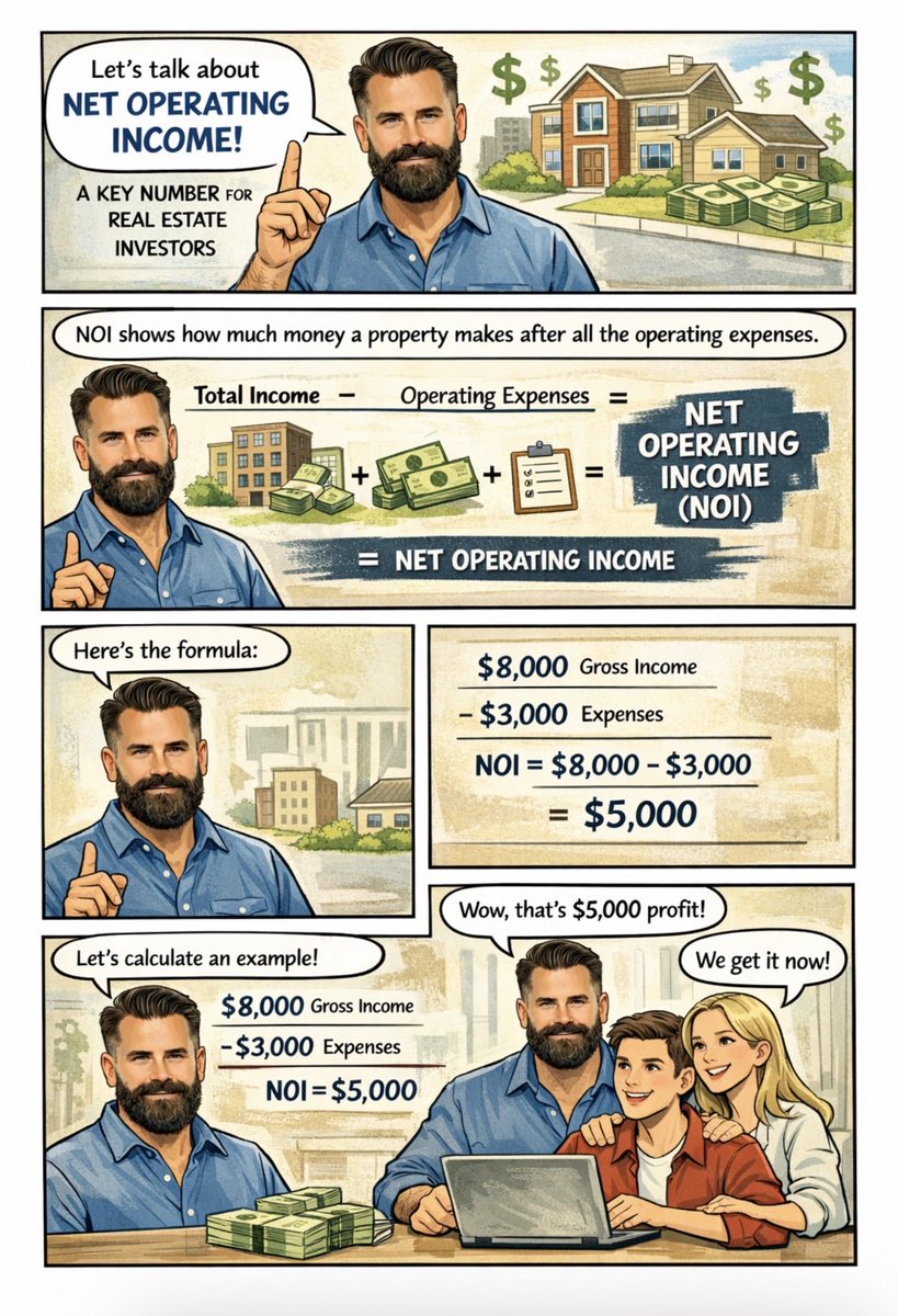 jensenian802's tweet photo. 🏠📊 Net Operating Income (NOI) is the #1 number real estate investors use to judge a rental’s earning power.
NOI = Gross Rental Income − Operating Expenses ✅ (NO mortgage included!)

Example from the comic:
💰 $8,000 gross income
➖ $3,000 operating expenses
🟰 NOI = $5,000 📈

Want me to show how NOI connects to Cap Rate and property value? Comment “NOI” 👇🔥