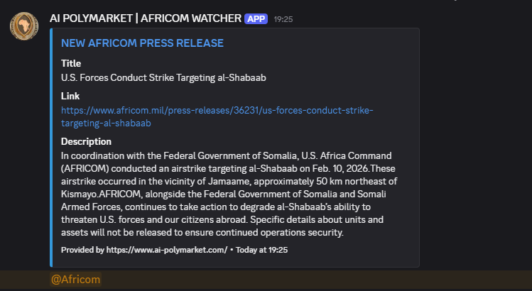 Relaccsed's tweet image. AFRICOM struck Somalia yesterday.

Want to get notified whenever AFRICOM strikes?

Join my Discord: 
ai-polymarket.com/discord