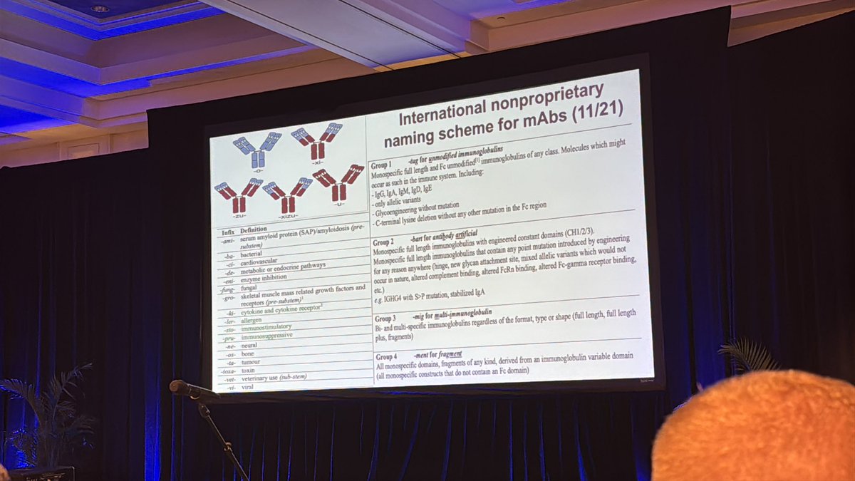 KDAO2011's tweet image. For those don’t know how rheum drugs are named… this might help.   Moving forward -mab will not be used to name drugs. Dr Kavanaugh  #RWCS