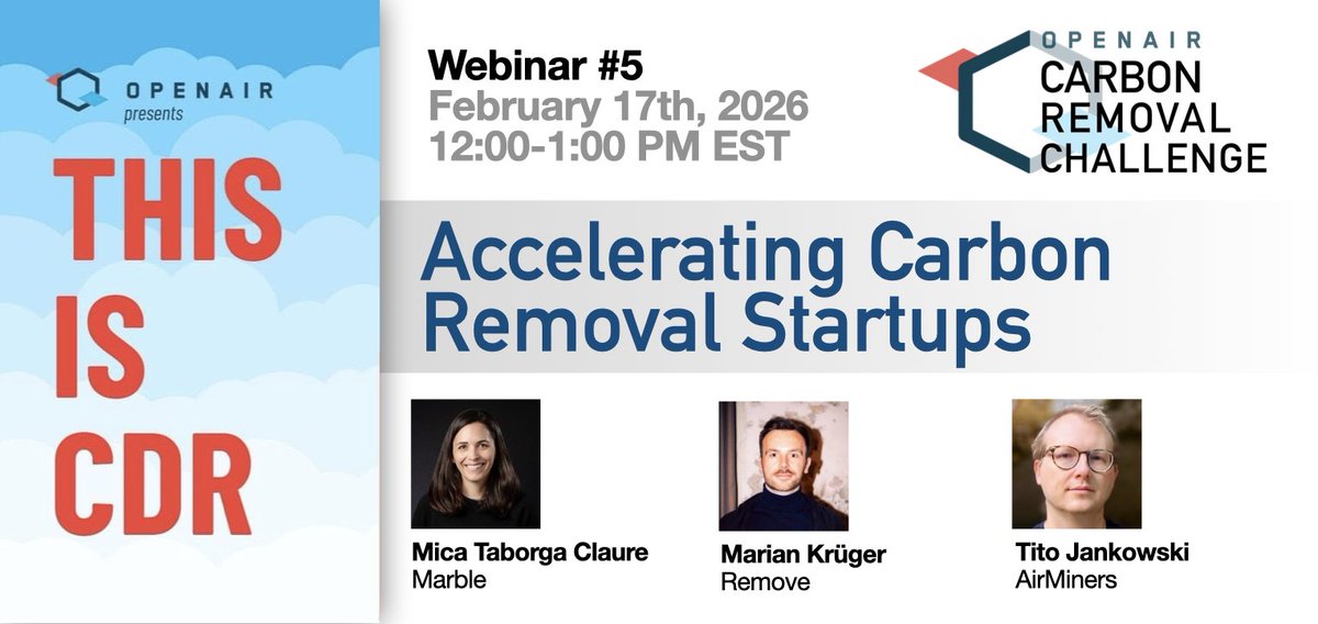 openaircollect's tweet photo. Join us to learn how accelerators are helping carbon removal startups grow and succeed. Hear from @titojankowski from @airminer Launchpad, @micataborga Claure from Marble venture studio, and @MarianKrueger_ of remove. Register https://t.co/5dPZ8zydWS #CDR #carbonremoval https://t.co/DhcJmdmtqg
