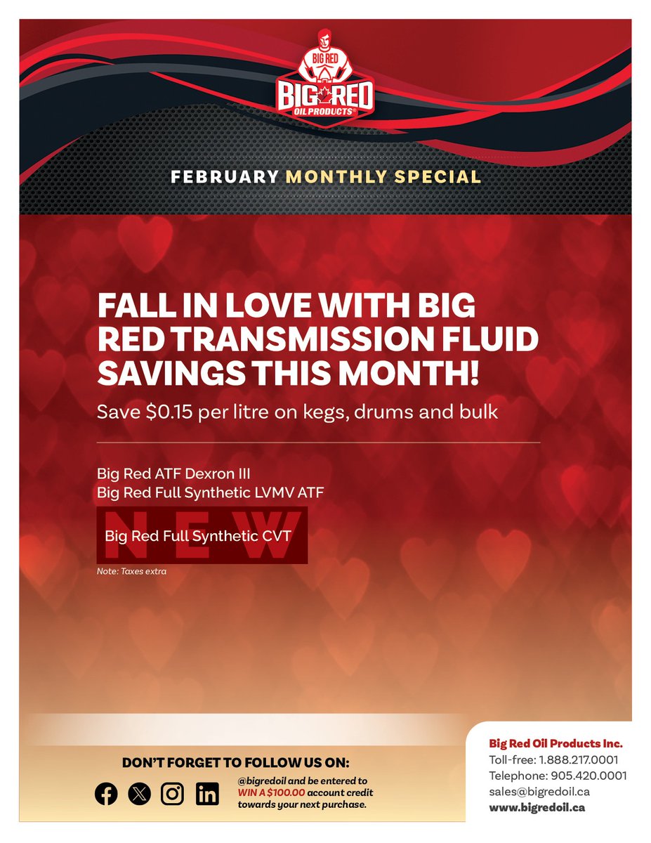 bigredoil's tweet photo. FALL IN L❤️VE with our Big Red Transmission Fluid savings this month, including our NEW Big Red Full Synthetic CVT Fluid 😍

CHANGE Your TRANSMISSION FLUID ... Ask For BIG RED Today!

#atf #lvmvatf #cvt #transmission #februaryspecial #bigredoil https://t.co/62IOk2C8Wd