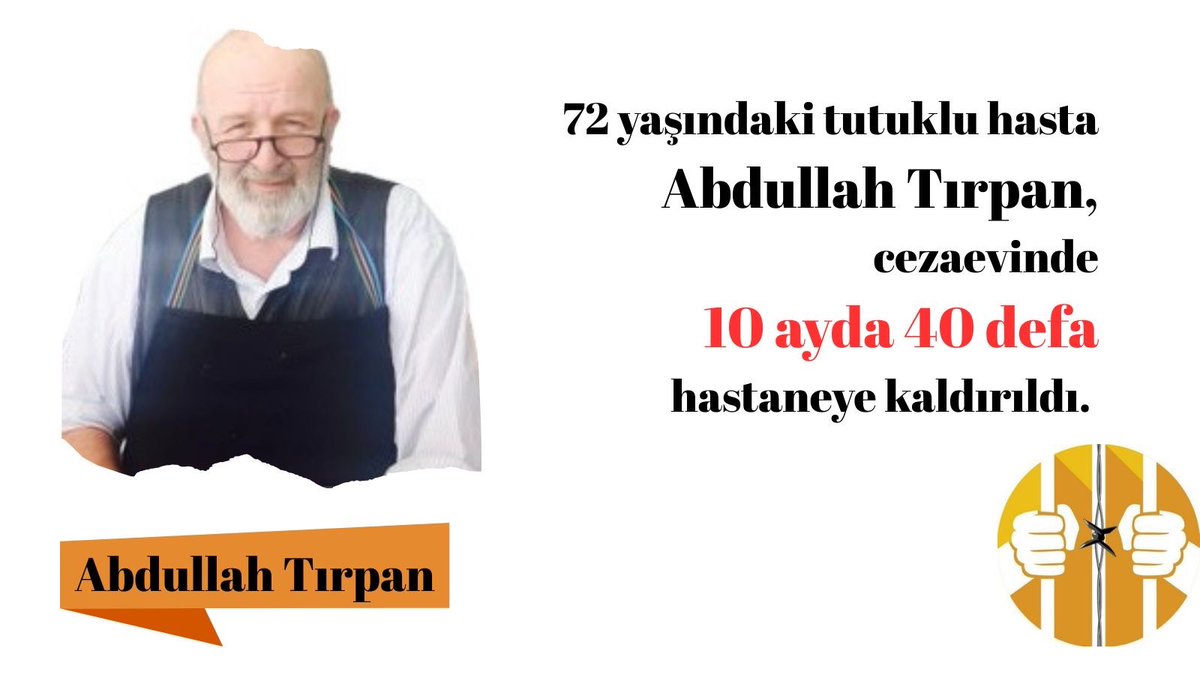 72 yaşındaki tutuklu hasta

Abdullah Tırpan,

cezaevinde

10 ayda 40 defa

hastaneye kaldırıldı.

İhlalinAdı SincanCezaevi
#KademeİçinYasa #OyunsuzGelecekOlmaz
