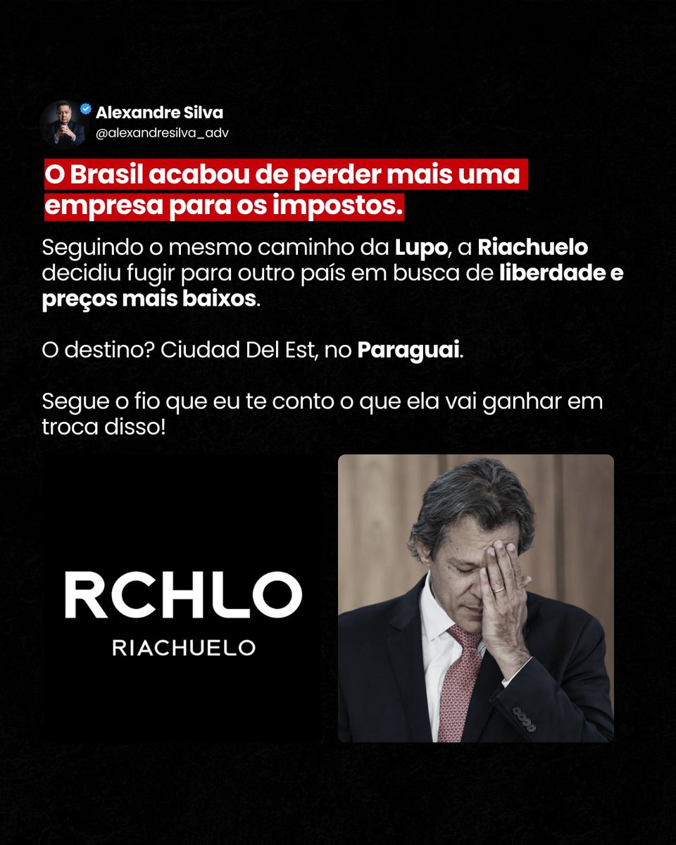 APÓS A LUPO, RICHAELO TB ABANDONA O BR E VAI AO PARAGUAI.
Lupo já não produz mais no BR, mas no Paraguai e vende no BR. Fica 30% mais barato. Agora a Riachuelo segue o memso caminho. "Carregamos o Br com nossos impostos, mas somos cada vez mais maltratados", disse a Ceo.