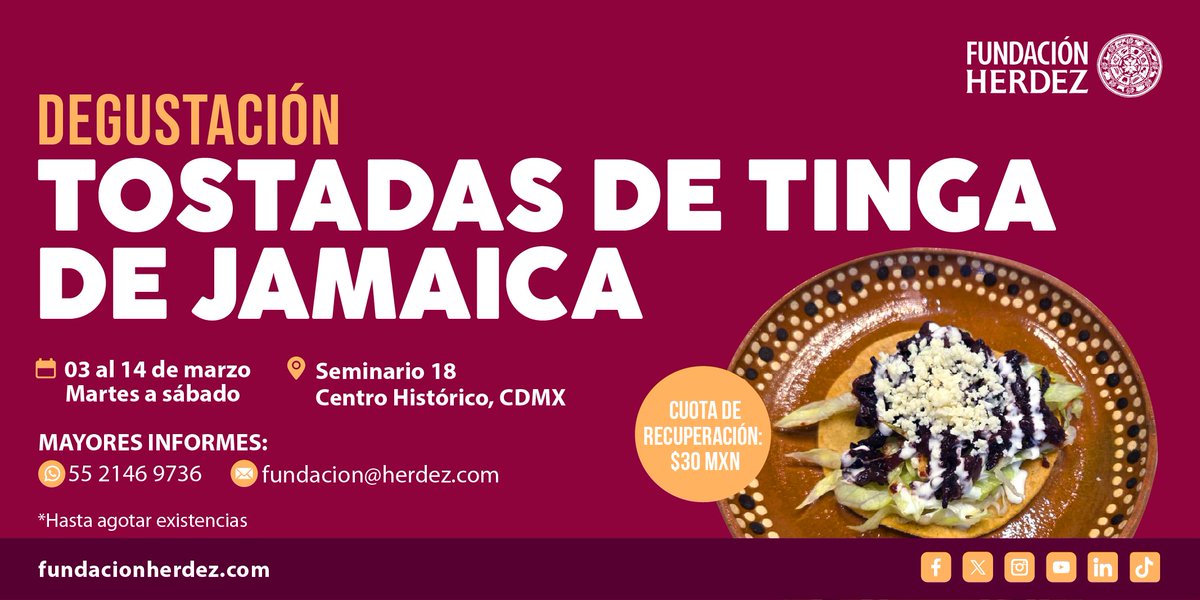 ¿Buscas una opción diferente y sabrosa?
Ven a nuestra degustación de Tostadas de Tinga de Jamaica y déjate sorprender por este platillo único.

martes a sábado
del 03 al 14 de marzo
Cuota de recuperación $30mxn
a partir de las 09:00h a las 15:30h

¡Te esperamos!
