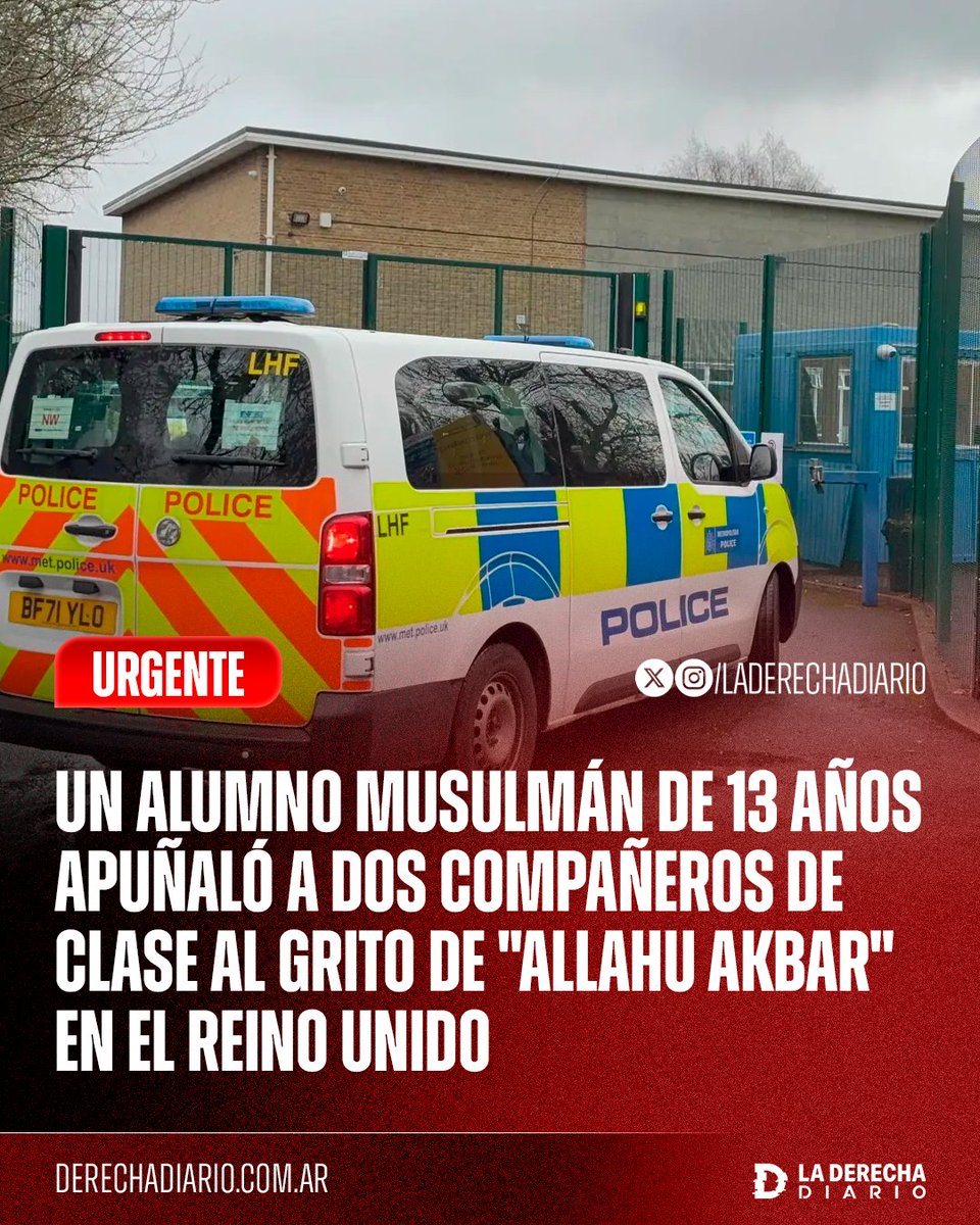 🚨🇬🇧🏴 | #URGENTE INGLATERRA SE SUICIDÓ: Un alumno inmigrante musulmán de 13 años apuñaló a dos compañeros de clase de 12 y 13 años al grito de "Allahu Akbar" en la escuela Secundaria Kingsbury, en el distrito de Brent, Londres.