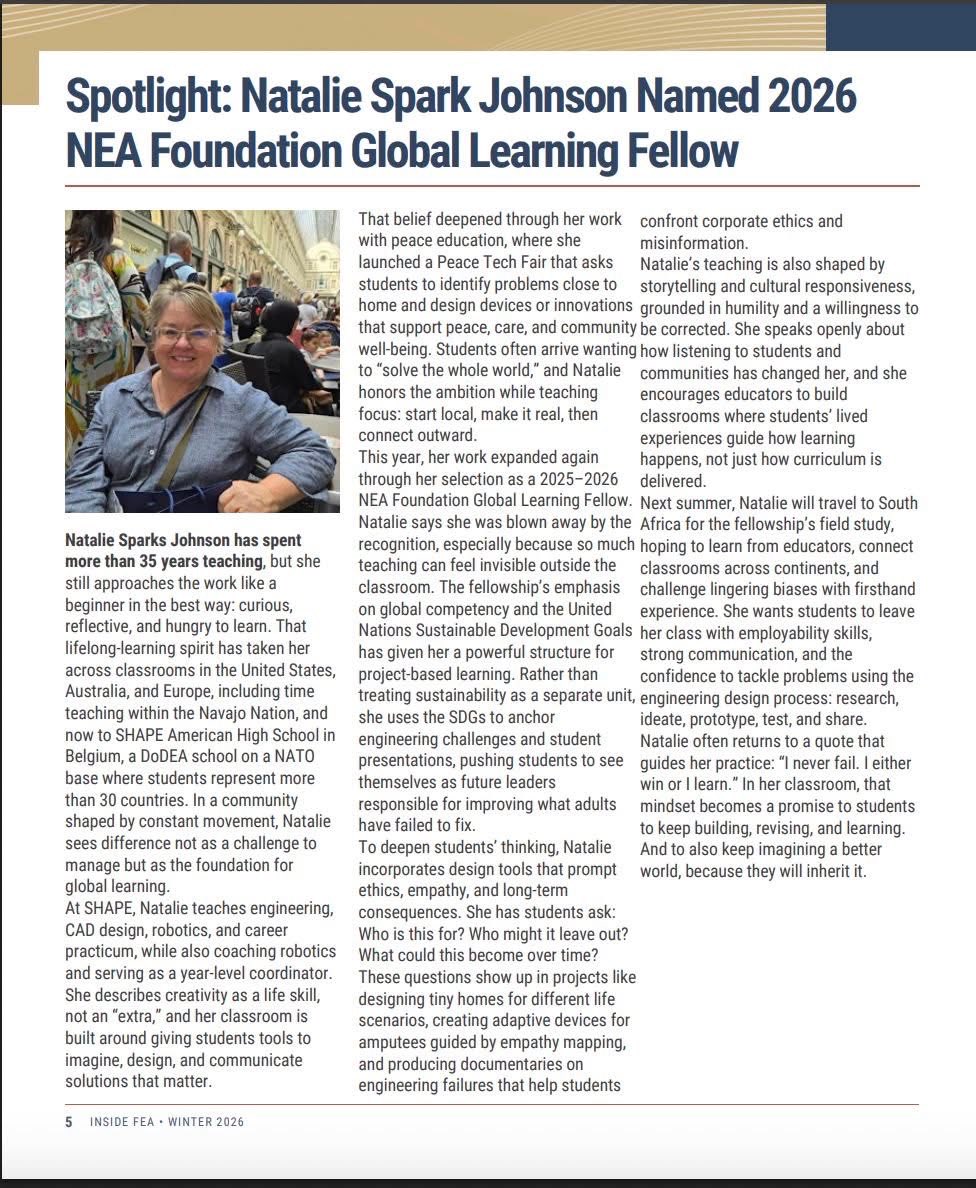 I am honored to be selected to be featured in the January 30, 2026, Federal Education Association magazine.

#utahteacherfellows
#neagloballearning
#dodea
