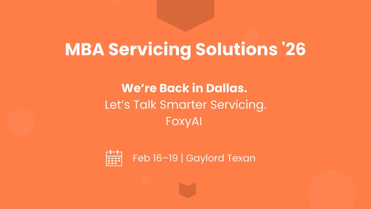 FoxyAI is back at MBA Servicing Solutions in Dallas, Feb 16–19!

Catch Vin Vomero at the Gaylord Texan as we talk smarter servicing strategies with the best in the business.

See you at #MBAservicing26 → hubs.ly/Q042JLFJ0
