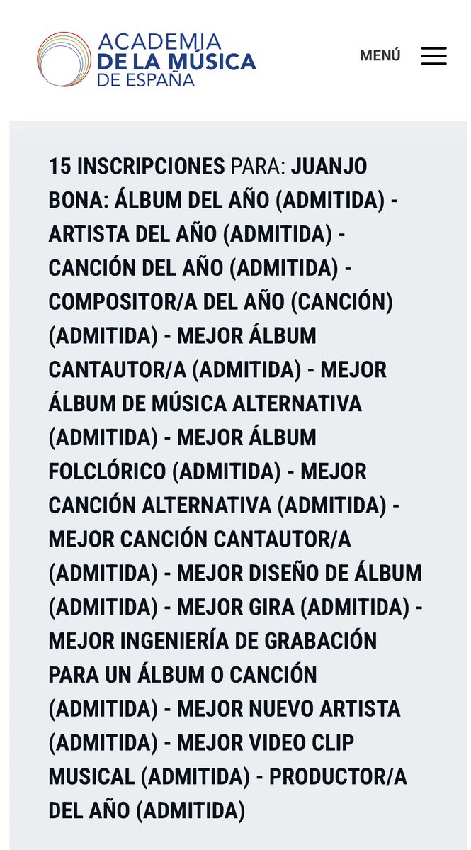 juanjobonainfo's tweet image. 📣 | Juanjo Bona ha sido admitido en 15 candidaturas para las nominaciones a los premios de La Academia de la Música de España. 

Entre el 16 de febrero y el 7 de abril un comité de formado por expertos/as del sector musical seleccionará los nominados y se anunciarán para que los…