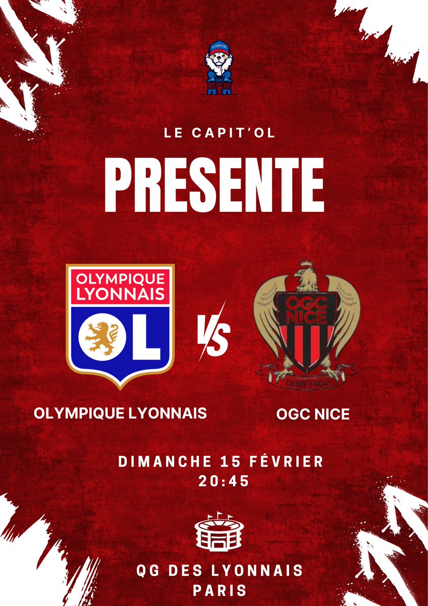 Capit_OL's tweet image. Bonsoir à tous !
Le Capit'OL vous donne rendez-vous dimanche soir pour le match OL - OGC Nice au QG des lyonnais ! 🔴🔵

Pour plus d'informations, je vous invite à envoyer un MP à ce compte ! 📩