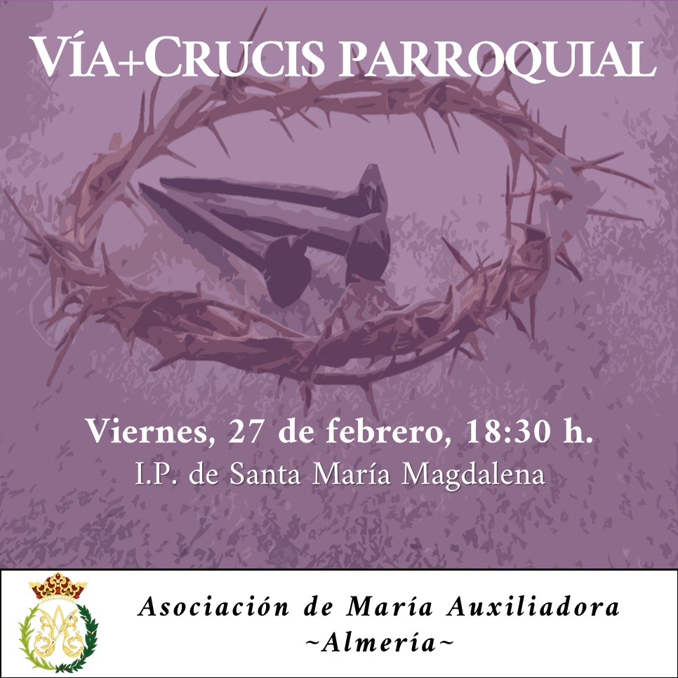 VÍA+CRUCIS PARROQUIAL |

El próximo viernes 27 de febrero, a las 18:30 horas, tendrá lugar el Vía+Crucis Parroquial, que será dirigido por nuestra ADMA.

#ADMAAlmería