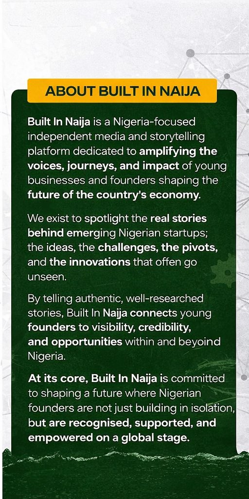 builtinnaijang's tweet photo. We’re not just telling startup stories we’re building the visibility engine for them. 🇳🇬
 It’s clarity. It’s access. It’s ecosystem.

Welcome to the movement. #BuiltInNaija https://t.co/gHcponD8Qy