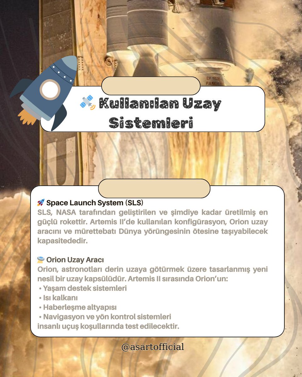 asartofficial's tweet photo. 🚀ARTEMIS II 
Artemis II, NASA’nın insanlığı yeniden Ay’a götürmeyi amaçlayan Artemis Programı kapsamındaki ilk mürettebatlı görevdir.
Görevin ileri bir tarihe ertelenmesinin nedeni, Orion uzay aracının bazı sistemlerinde ek test ve güvenlik kontrollerine ihtiyaç duyulması. https://t.co/zrjfPRNiNK