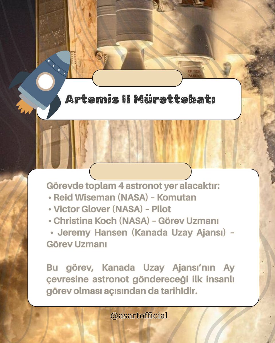 asartofficial's tweet photo. 🚀ARTEMIS II 
Artemis II, NASA’nın insanlığı yeniden Ay’a götürmeyi amaçlayan Artemis Programı kapsamındaki ilk mürettebatlı görevdir.
Görevin ileri bir tarihe ertelenmesinin nedeni, Orion uzay aracının bazı sistemlerinde ek test ve güvenlik kontrollerine ihtiyaç duyulması. https://t.co/zrjfPRNiNK