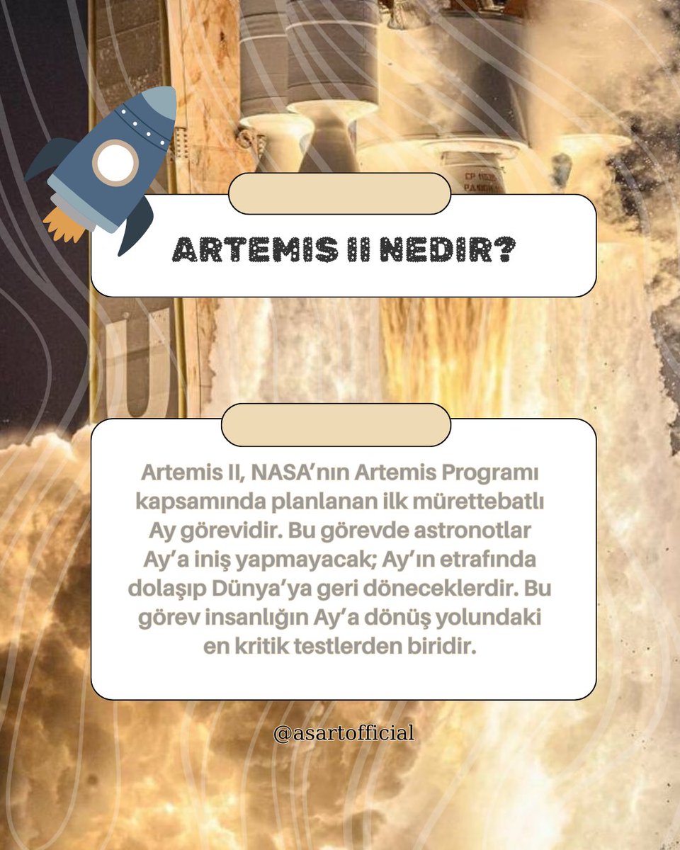 asartofficial's tweet photo. 🚀ARTEMIS II 
Artemis II, NASA’nın insanlığı yeniden Ay’a götürmeyi amaçlayan Artemis Programı kapsamındaki ilk mürettebatlı görevdir.
Görevin ileri bir tarihe ertelenmesinin nedeni, Orion uzay aracının bazı sistemlerinde ek test ve güvenlik kontrollerine ihtiyaç duyulması. https://t.co/zrjfPRNiNK