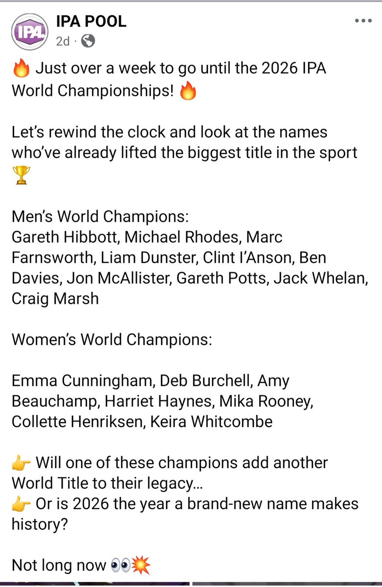 This week Naming a MAN, HARRIET HAYNES as previous WOMEN'S WORLD POOL CHAMPION is like having it RUBBED IN YOUR FACE. Showing No respect for the Women he displaced in his 6 years of domination. Why? Wtf were they thinking?