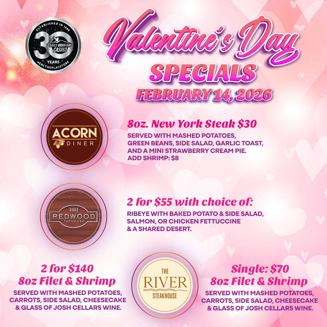 EagleMtnCasino's tweet image. Valentine’s Day at The Place To Be is a mix of Love, Hip Hop and Good Food that will make you fall in love with every bite! 

#EMCThePlaceToBe