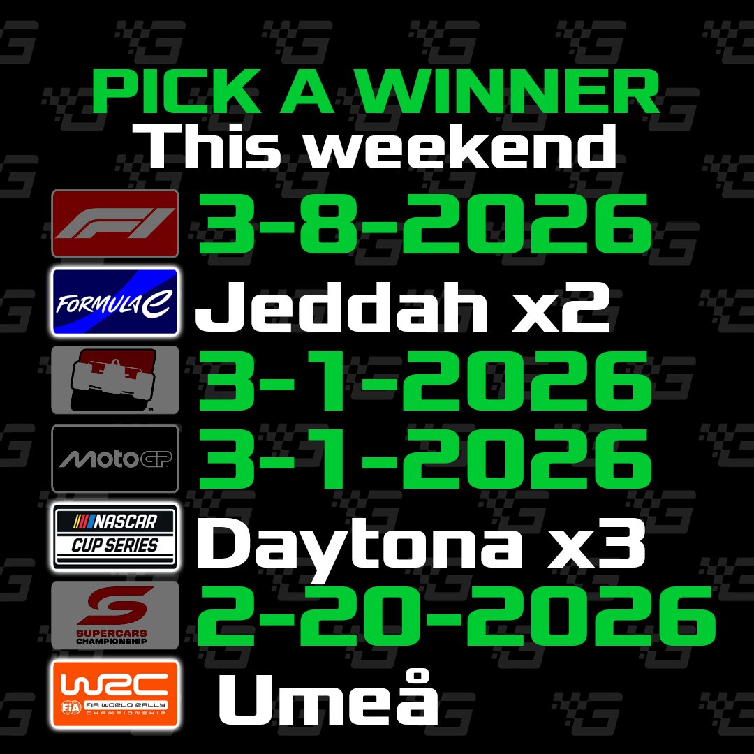 GridNetworkTV's tweet image. A big six-point weekend for #PICKaWinner! Comment with who wins:
#ABBFormulaE #JeddahEPrix Race 1 &amp;amp; 2
#NASCAR Duels at Daytona Race 1 &amp;amp; 2
#Daytona500
#WRC #RallySweden 

You could be the leader of Pick A Winner! Best of luck to everyone!